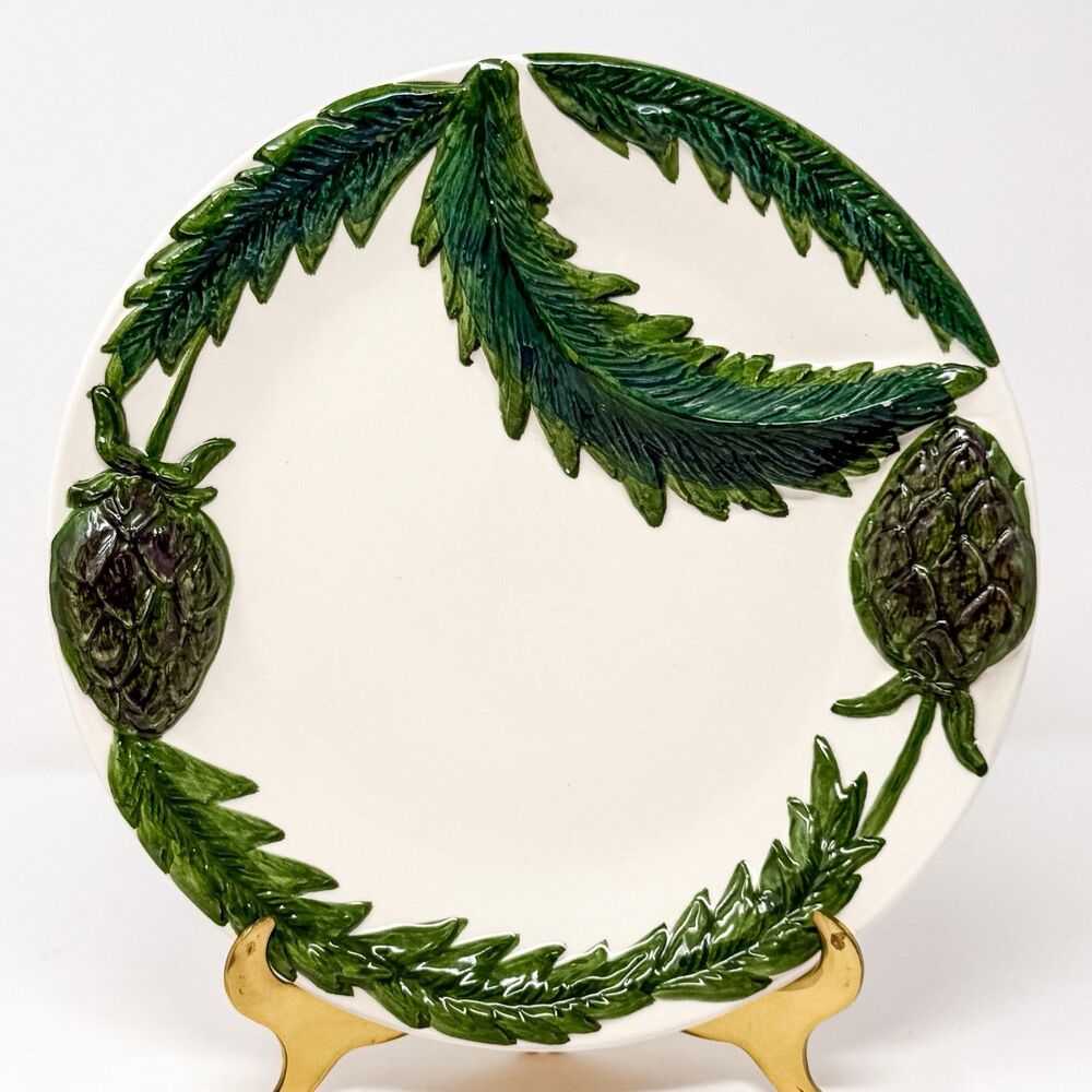 Vintage Portugal Majolica Artichoke Fern Pottery Serving Plate 10.25”
